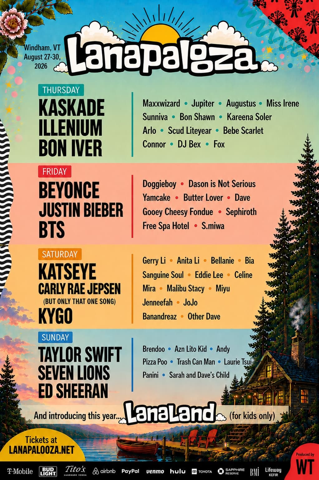 Lanapalooza 2026 lineup poster — Windham, VT, August 27–30, 2026